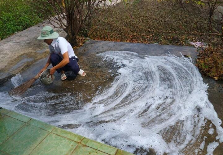 Sử dụng bột xà phòng và nước để tẩy rêu ở sân
